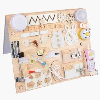 Double-Sided Montessori Busy Board for Toddlers – Wooden Learning & Drawing Toy for Fine Motor Skills